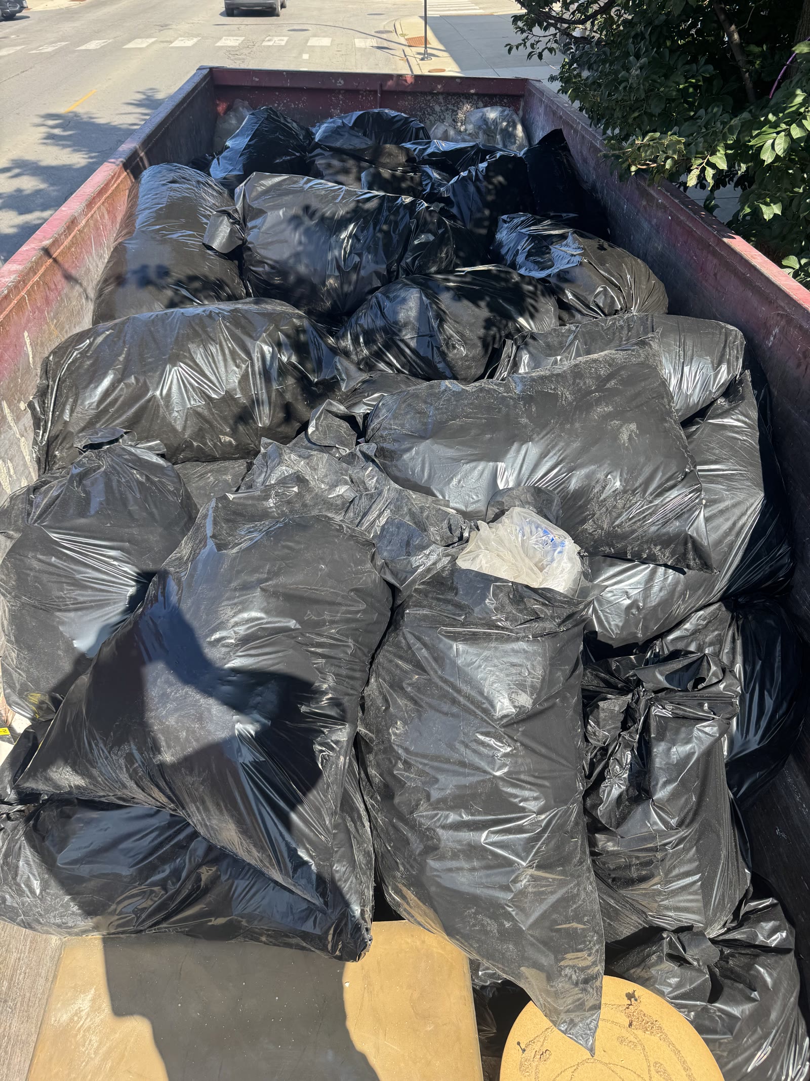 Dumpster filled with bagged debris